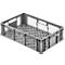 Grey plastic transport crate with honeycomb sides. Rectangular shape, open interior, carrying handles.