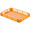 Orange rectangular plastic crate with a lattice pattern and handle openings.