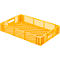 Yellow rectangular plastic crate with lattice pattern. Handles on the sides.