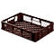 Brown plastic crate with honeycomb openings. Angular shape, handle holes on the sides.