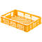 Yellow plastic crate with perforated sides and bottom. Rectangular shape with handle openings. Open and empty.