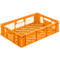 Orange plastic crate with honeycomb pattern and handle openings.