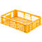 Yellow plastic crate with honeycomb base and sidewalls, handle openings.