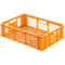 Orange plastic crate, rectangular with openwork walls and handle openings.