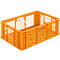 Orange plastic box with honeycomb pattern. Rectangular shape with handle openings. Light gray background.