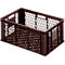Brown plastic crate with honeycomb design on the sides, handle openings.