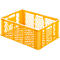 Yellow plastic crate with perforated side walls and handle openings.