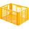 Yellow plastic crate with hexagonal openings, handle cutout, and smooth sides.
