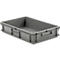 Gray plastic box with handle recesses. Rectangular shape, no content. Handle openings on the sides.