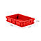 Red plastic box with handles. Dimensions: 600x400x120 mm.