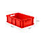 Red plastic box, dimensions: 600 x 400 x 180 mm, with handles and indication of dimensions.