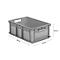 Grey plastic box with handles and dimensions: 600mm x 400mm x 220mm.