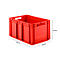 Red plastic crate with dimensions 600 x 400 x 320 mm. Handle openings on the sides. It stands against a white background.