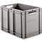 Gray plastic box with handles. The box has a rectangular shape and a smooth surface.