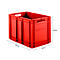 Red plastic crate with handles, side view. Dimensions: 600x400x420 mm.