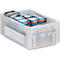 Transparente Kunststoffbox mit Glühbirnen, OSRAM und Philips Kartons.