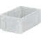 Boîte en plastique transparent de forme rectangulaire, avec des ouvertures de poignée et des bords renforcés.