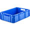 Eine rechteckige, blaue Kunststoff-Transportbox mit Griffmulden an den kurzen Seiten auf weißem Hintergrund.