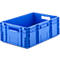 Blaue Kunststoffbox mit Griffen und rechteckiger Form. Detailansicht.