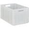 Transparente Kunststoffbox mit Griffen an den Seiten.