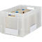 Transparente Kunststoffbox mit Papierrollen; oben blau gekennzeichent, mit Grifföffnungen.
