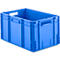 Eine rechteckige, leere blaue Kunststoff-Lagerbox mit seitlichen Tragegriffen.