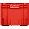 Rote Kunststoff-Transportbox mit Verstärkungsrippen und integriertem Griff an der Vorderseite.