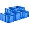 Six blue boxes arranged diagonally. Rectangular shape with handle openings.