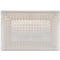 Récipient transparent avec un couvercle, présentant un motif en grille. La boîte a des lignes verticales et horizontales et des angles.