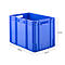 Blaue Kunststoff-Stapelbox mit den Maßen 600x400x420 mm auf weißem Hintergrund.