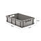 Gray plastic crate, dimensions: 600 x 400 x 150 mm, with side handles.