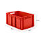 Red plastic crate with handles. Dimensions: 600 x 400 x 285 mm.