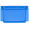 Hellblaue Kunststoffbox, Draufsicht. Rechteckige Form, glatte Oberfläche, leicht abgerundete Ecken.