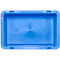 Blauwe plastic doos van bovenaf, rechthoekig met afgeronde hoeken en handgreepuitsparingen.