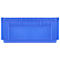 Blauwe plastic krat met een verzonken handgreep in het midden. Tekst: MADE IN ...