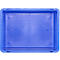 Blau plastic box, gefotografeerd van bovenaf. Lege doos zonder inhoud.