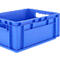 Blauwe plastic krat met handvatten en verstevigde randen.