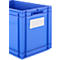 Blaue Kunststoffbox mit Etikett, Griffmulde und Verstrebungen.