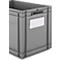 Graue Kunststoffbox mit Etikettenfeld. Oben und seitlich Griffe. Details.