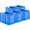 Six boîtes de stockage bleues sous différents angles sur fond blanc.