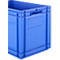 Boîte en plastique bleu clair avec encoche de poignée et côtés lisses.