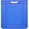 Caisse en plastique bleue avec poignée. Forme rectangulaire, côtés nervurés, deux bandes horizontales.