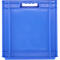 Boîte en plastique bleu avec trou de poignée en haut. Forme rectangulaire, cadres renforcés.