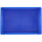 Boîte en plastique bleue, photographiée d'en haut. La boîte a une forme rectangulaire, avec une poignée des deux côtés.