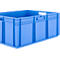 Boîte en plastique rectangulaire bleu clair avec des ouvertures pour poignées sur les côtés.