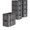 Gray plastic containers, stacked. Crates with handles and ribbed design.
