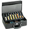 Opened black cash box with coins and banknotes. Top coin compartments with € 2, € 1, € 0.50, € 0.20, € 0.10 and € 0.05.