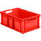 Red plastic crate with handles and reinforcements. Empty inside.