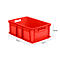 Red plastic box with dimensions 600mm x 400mm x 220mm.