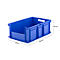 Blue plastic box with handle openings and dimensions: 400 x 600 x 220 mm.